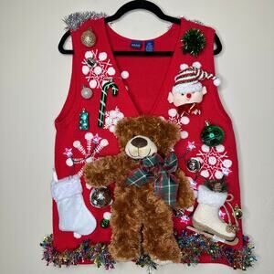 Ugly Christmas Sweater Vest Teddy Bear LIGHTS UP Tinsel Xmas Party Winner Large